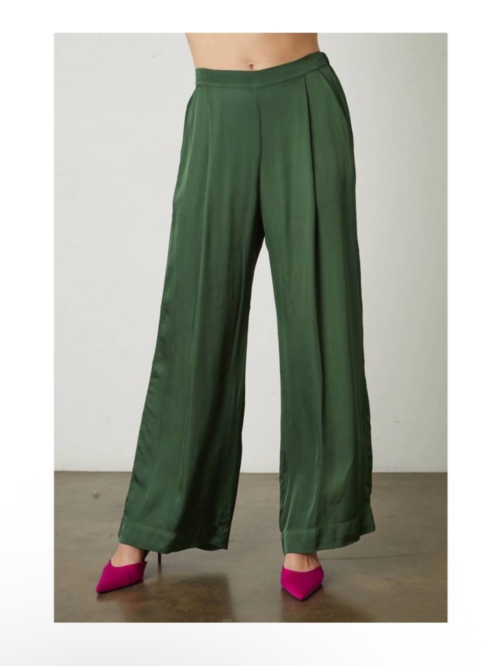 NEW Velvet by Graham and Spencer Livi Satin Viscose Wide Leg Pants Fern Green